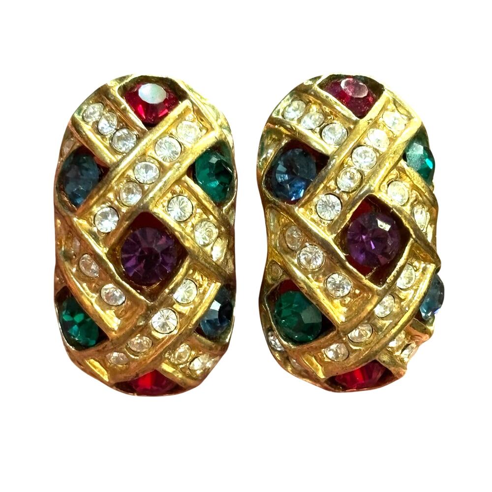 Vintage clip on earrings dressy gold red green white rhinestones encrusted hoops